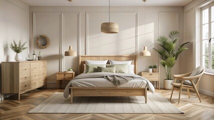 Scandinavian style bedroom mockup with natural wood furniture and beige color scheme