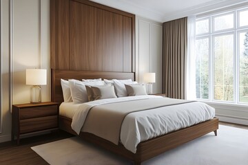 Obraz premium Cozy and Elegant Bedroom Oasis with Minimalist Interior Design and Warm Lighting Peaceful and Serene Private Residential Space with Luxurious Furniture Wood Accents and Comfortable Atmosphere
