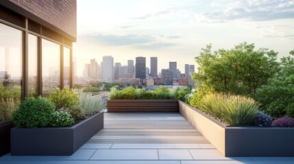 A rooftop terrace garden with minimalist design, featuring sleek planters, green foliage, and panoramic city views, perfect for relaxation.