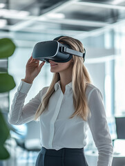 Businesswoman using a VR headset in a modern office space.