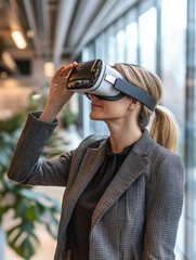 Businesswoman experiencing VR technology in a sleek office.