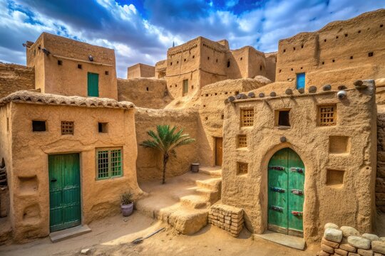 Eroded mud-brick dwellings with rustic doors and narrow windows blend seamlessly into the arid landscape of Dhahran al Janub, Saudi Arabia's ancient heritage.