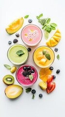 Naklejka premium Vibrant summer smoothies in assorted colors are displayed with fresh fruit slices and mint garnish on a light surface