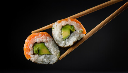 Fresh sushi rolls with salmon, avocado and rice being held by chopsticks against black backdrop.