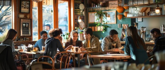 Interior cafe scene with rustic decor, patrons socializing over beverages and snacks. Warm, cozy atmosphere with natural light, plants, and animated conversations.