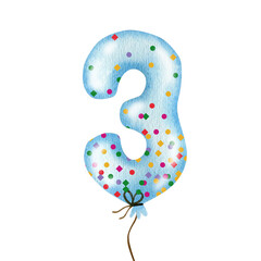Watercolor illustration of blue balloon number three isolated on white background. 