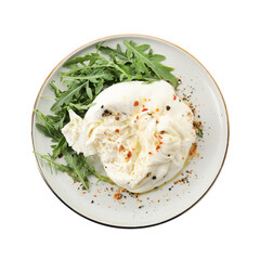 Delicious burrata cheese, arugula and spices isolated on white, top view