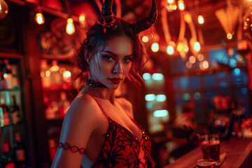 Fototapeta premium Seductive Female Demoness in a Party Dress Invites You to a Night of Sinful Fun and Temptation at the Club