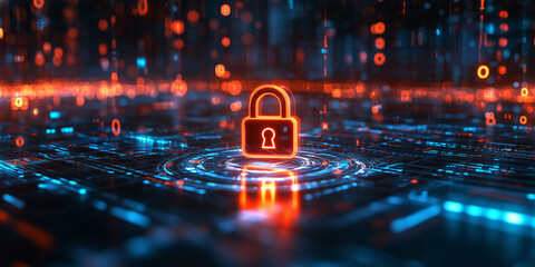 Glowing screen concept for cybersecurity with dynamic security visuals and data elements.
