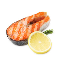 Tasty grilled salmon steak, lemon and rosemary isolated on white