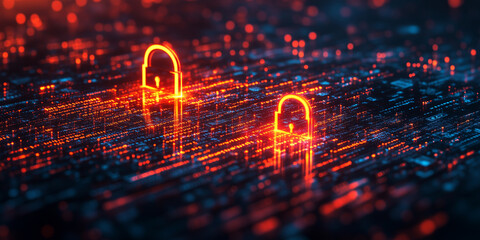 High-tech glowing screen with dynamic visuals focused on cybersecurity and data protection.