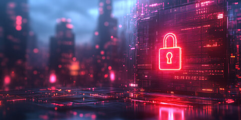 Glowing screen highlighting cybersecurity with interactive elements and modern visual effects.