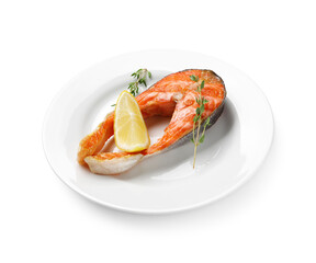 Tasty grilled salmon steak, lemon and thyme isolated on white