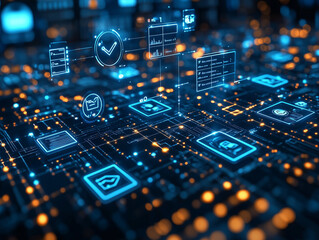 Virtual screen with holographic elements highlighting data protection and digital security.