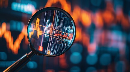Market Volatility Concept Featuring Magnifying Glass Focused on Stock Market Graph Representing Investment Risk and Opportunity