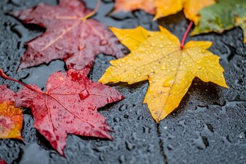 Vibrant autumn leaves with raindrops on a wet surface, highlighting fall's natural beauty.