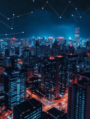 Futuristic skyline of a smart city at night, showcasing advanced urban technology and city planning.