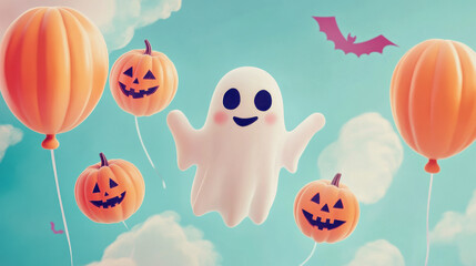 Friendly ghost floating with balloons shaped like pumpkins, soft pastel colors, whimsical Halloween scene, area for text, wallpaper, background