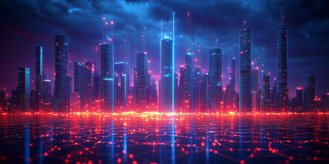 AI-driven holographic map displaying smart city data and virtual elements.