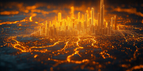 Holographic map of a smart city with AI analyzing data and virtual elements.