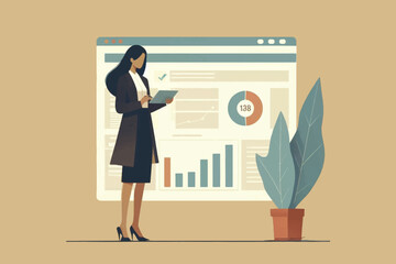 Illustration of a career woman sending a weekly report via a small computer from the office