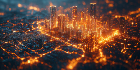 Holographic map of a smart city with AI analyzing real-time data and virtual features.