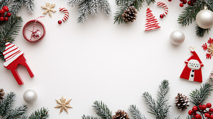 Christmas composition. Frame made of fir branches, red and white decorations on white background. Flat lay, top view, copy space