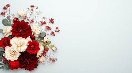 hotography Large dark red and cherry red flowers, gold and cream flowers, few green leaves and buds, macro view on solid light dove gray background.