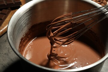 Chocolate dough dripping from whisk into bowl on table, closeup