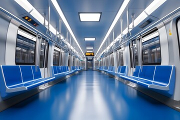 Minimalist and modern interior of an empty metro train with blue flooring geometric pattern seating and bright lighting creating a sleek and futuristic transportation environment