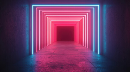 Fototapeta premium Futuristic neon light tunnel with vibrant pink and blue colors creating a mesmerizing and modern visual effect. Perfect for tech and design themes.