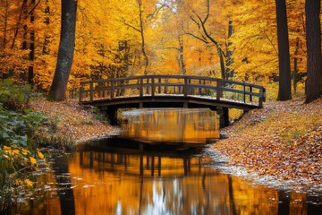 Wooden bridge over a calm stream in a forest with vibrant autumn foliage reflecting in water.