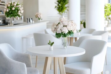 Luxurious and inviting bar interior design featuring modern minimalist tables and chairs surrounding a serene floral arrangement creating an atmosphere of sophistication and exclusivity