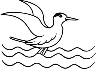 Tern soaring above waves captured in simple elegant line art
