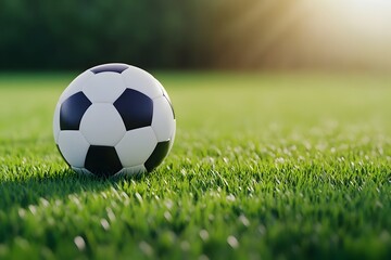 Fototapeta premium Close up shot of a black and white soccer ball resting on a lush green grassy field with the ball being illuminated by a soft warm spotlight creating a tranquil serene mood