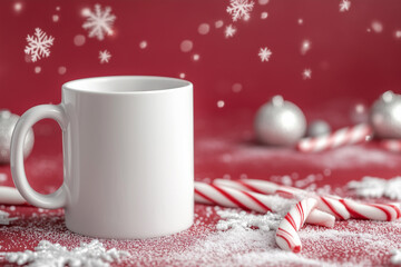 Blank white mug surrounded by festive candy canes and snowflakes for holiday cheer