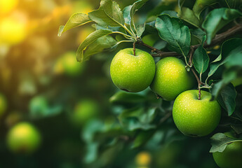 A green apple ripening on the branch, with a glossy surface and refreshing color. Its unpicked state highlights natural growth and freshness, hinting at a crisp, slightly tart flavor and a connection 