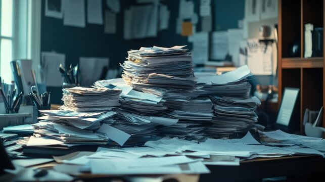 cluttered desk with piles of papers, exemplifies chaotic workspace lacking clear organization or space