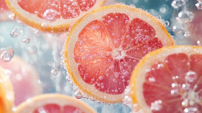 Close-up of pink grapefruit slices floating in bubbly water, with the bright citrus colors