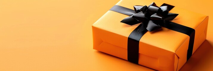 Orange gift box with black ribbon bow on a matching orange background. Perfect for birthday, celebration, or festive occasions.