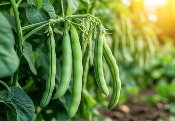 Fresh green beans waiting to be harvested, displaying a vibrant green color and smooth, firm texture. Their natural freshness and crisp appearance reflect the purity of the soil and the vitality of th