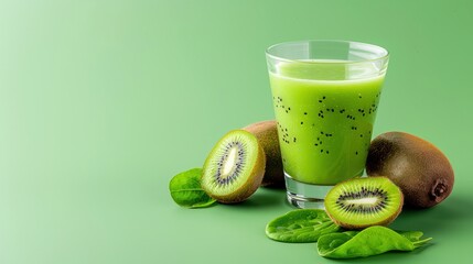 Fresh green kiwi smoothie in a glass with sliced kiwi and spinach leaves on a green background. Healthy and nutritious beverage.