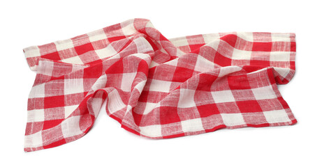 Crumpled tablecloth with checkered pattern isolated on white, top view