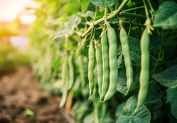 Fresh green beans waiting to be harvested, displaying a vibrant green color and smooth, firm texture. Their natural freshness and crisp appearance reflect the purity of the soil and the vitality of th