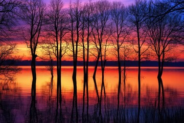 Silhouettes of bare trees reflected in a vibrant sunset sky over calm water.