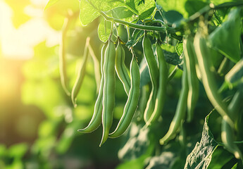 Fresh green beans waiting to be harvested, displaying a vibrant green color and smooth, firm texture. Their natural freshness and crisp appearance reflect the purity of the soil and the vitality of th