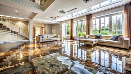Flooding causes devastation in a modern residence, with soaked carpets, warped flooring, and water-stained walls, highlighting the need for prompt restoration and repair services.