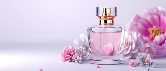 Elegant glass perfume bottle with floral decor. Delicate pink hues and flower accents create a luxurious, feminine aesthetic.