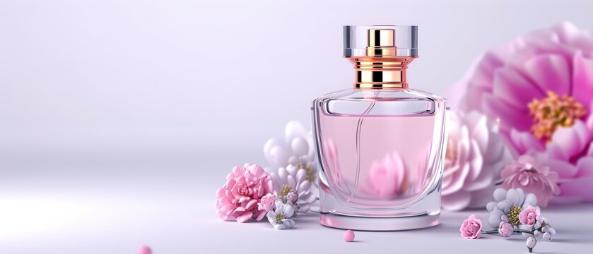 Elegant glass perfume bottle with floral decor. Delicate pink hues and flower accents create a luxurious, feminine aesthetic.