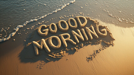 Good morning inscription on the sand, beach top view